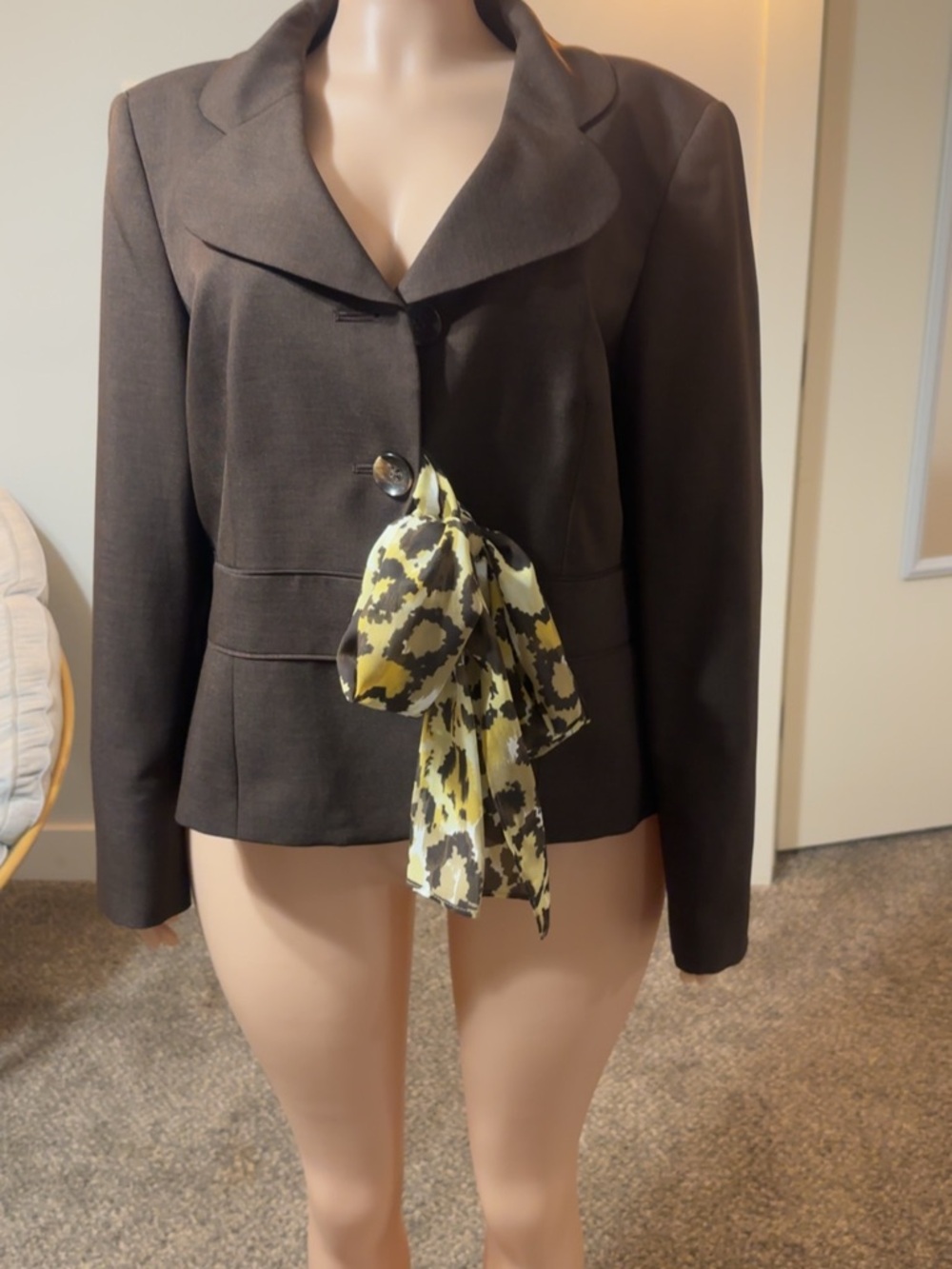 Women's Dark Brown Tailored Jacket with Decorative Tie